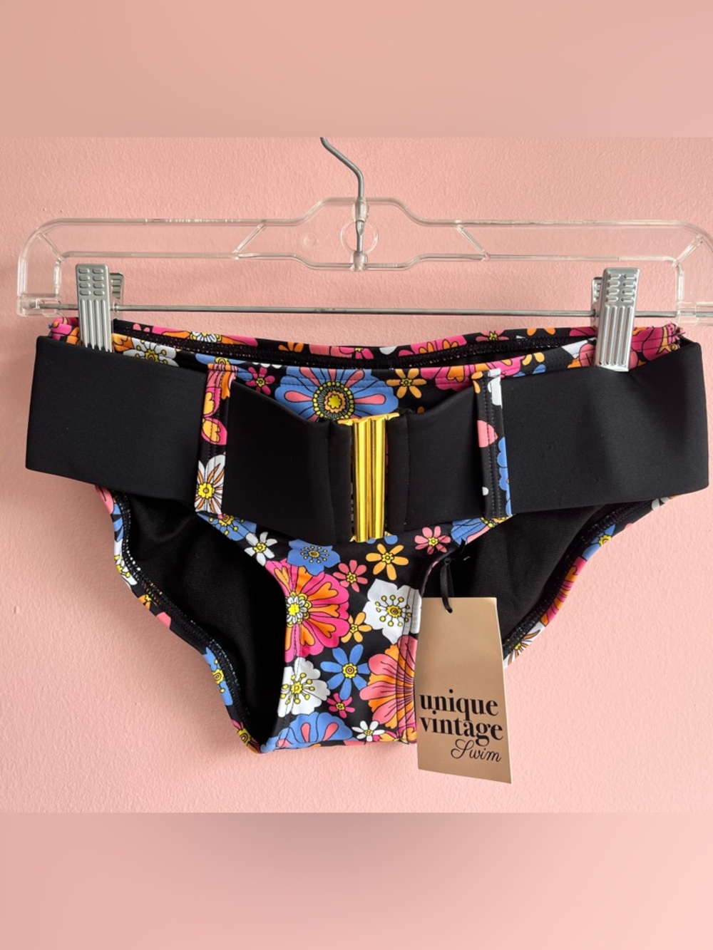 Unique Vintage Pink & Blue Floral Print Forever Glam Swim Bottom Belt XS, M, XL - Picture 3 of 9
